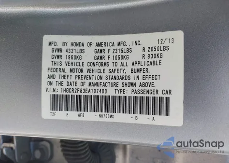 2014 Honda Accord Ex-L from USA, damaged, VIN 1HGCR2F83EA107400